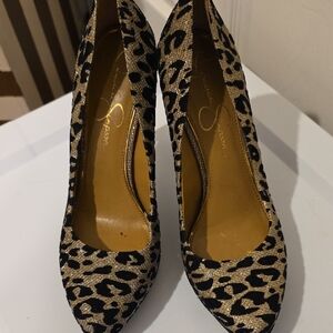 Jessica Simpson Black and Gold Animal Print Heels